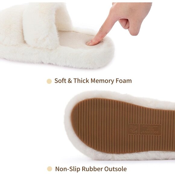 Women’s Cream Pluffie Arch Memory Foam Cozy Faux Fur Open Toe Slippers Shoes - Picture 4 of 6